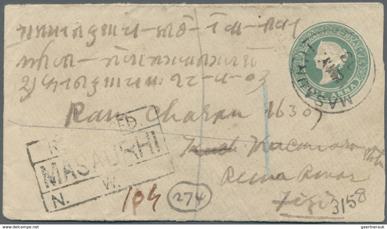 Br Fiji-Inseln: 1903. Registered Postat Stationery Envelope 'half Anna' Green Upgraded With India SG 85 - Fiji (...-1970)