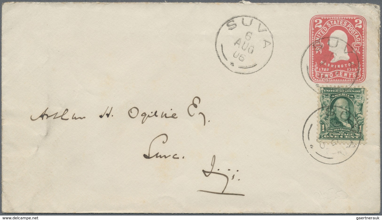 GA Fiji-Inseln: 1906. United States Postal Stationery Envelope 'two Cent’ Scarlet Upgraded With SG 306, - Fiji (...-1970)