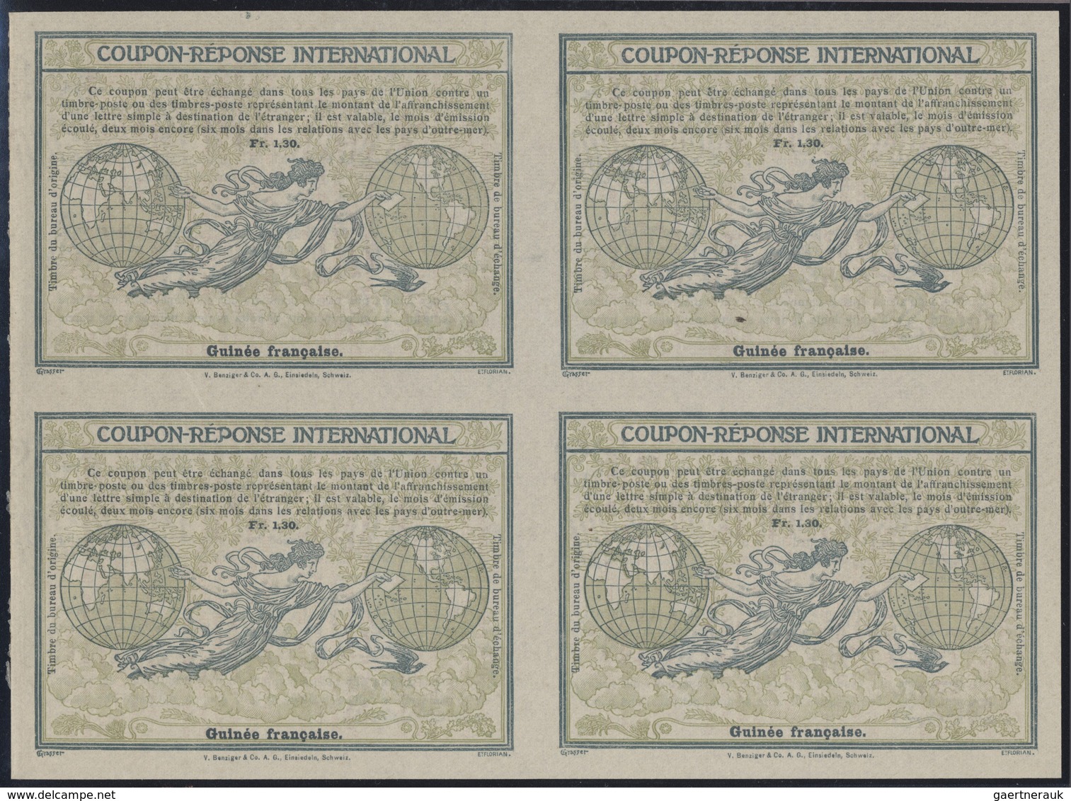 GA Französisch-Guinea: Design "Madrid" 1920 International Reply Coupon As Block Of Four 1,30 Fr.Guinee - Autres & Non Classés