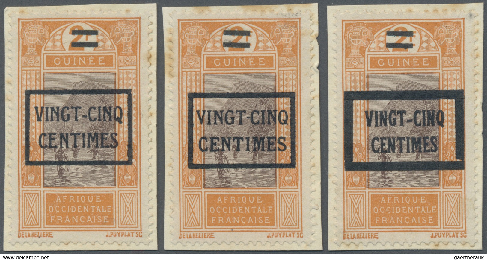 Brfst Französisch-Guinea: 1924, VINGT-CINQ-CENTIMES On 2 F. Orange/brown Landscape With Overprint, Three D - Autres & Non Classés