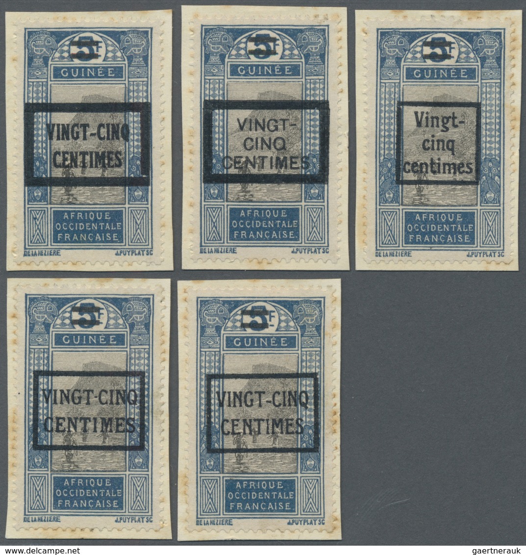 Brfst Französisch-Guinea: 1924, VINGT-CINQ-CENTIMES On 5 F. Blue/gray Landscape With Overprint, Five Diffe - Autres & Non Classés