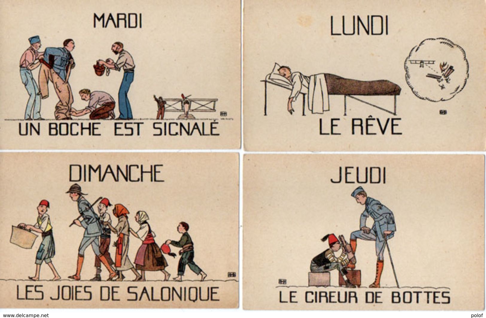 4 CPA-Lundi (Le Reve) Mardi (Un Boche Est Signalé) Jeudi (Le Cireur De Bottes) Dimanche (Les Joies De Salonique (102270) - Humorísticas