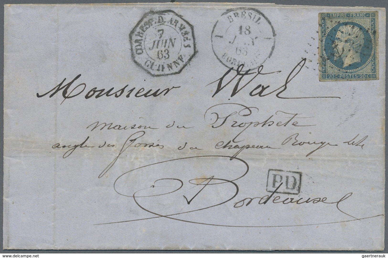 Br Französisch-Guyana: 1854,: Napoleon III Imperforate, 20c Blue On Bluish, Type I, Margins Almost All - Lettres & Documents