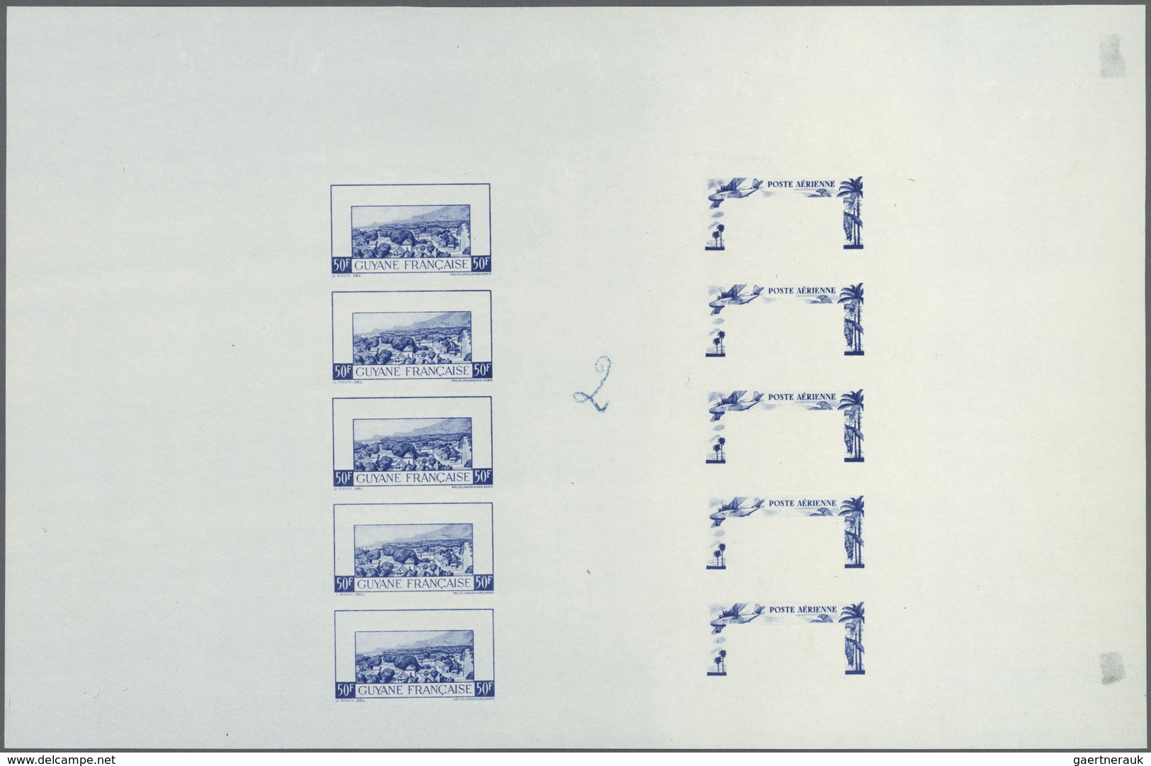 ** Französisch-Guyana: 1942, Airmails 50fr. "Cayenne/Aeroboat", Compound Stage Proof Sheet In Ultramari - Lettres & Documents