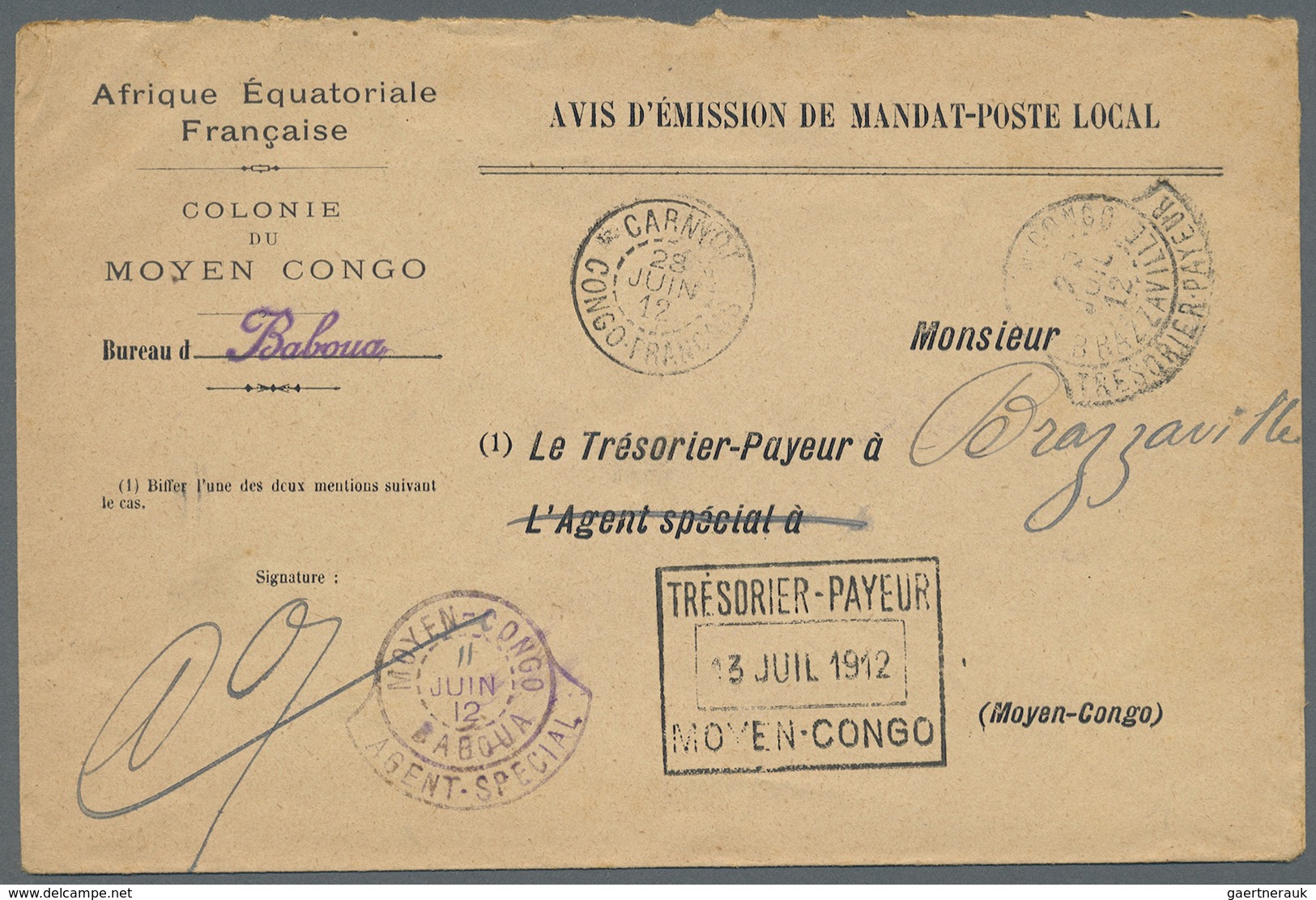 Br Französisch-Kongo: 1912. Stampless 'Avis D'Emission De Mandat-Poste Local' Envelope Headed 'Afrique - Brieven En Documenten