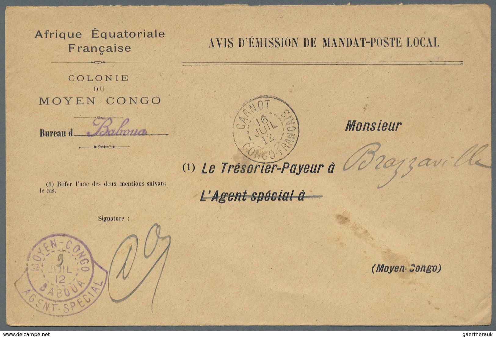 Br Französisch-Kongo: 1912. Stampless 'Avis D'Emission De Mandat-Poste Local' Envelope Headed 'Afrique - Lettres & Documents