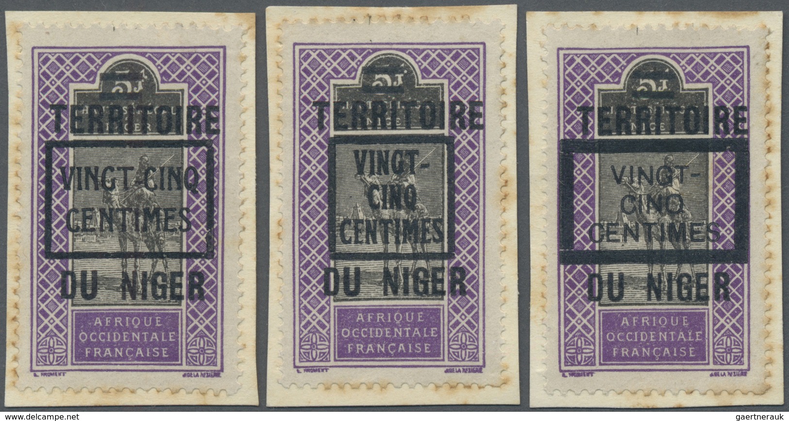 Brfst Französisch-Niger: 1922, VINGT-CINQ-CENTIMES On 5 F. Violet/black Tuareg With Overprint, Three Diffe - Lettres & Documents