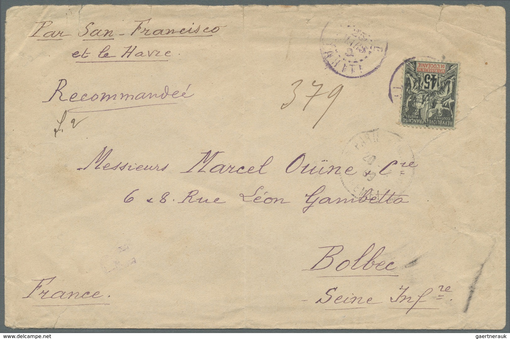 Br Französisch-Ozeanien: 1909. Registered Envelope (creased, Vertical Fold And A Few Tears) Addressed T - Andere & Zonder Classificatie