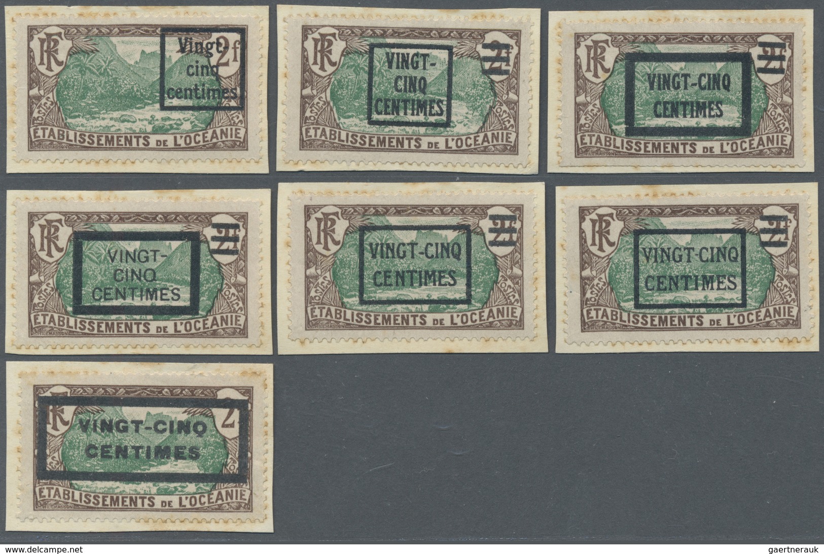 Brfst Französisch-Ozeanien: 1924, VINGT-CINQ-CENTIMES On 2 Fr. Brown/green With Overprint, Seven Different - Other & Unclassified