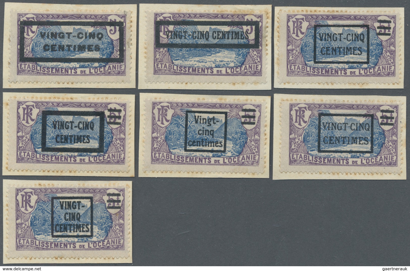 Brfst Französisch-Ozeanien: 1924, VINGT-CINQ-CENTIMES On 5 Fr. Violet/blue With Overprint, Seven Different - Autres & Non Classés