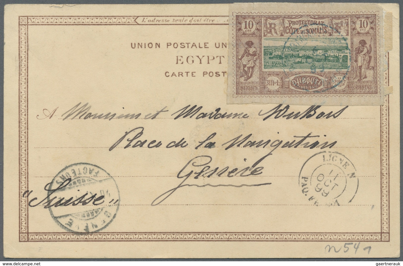Br Französische Somaliküste: 1899 10 Cts Brown/green On Picture Postcard "Souvenier De Caire" Per Genev - Oblitérés