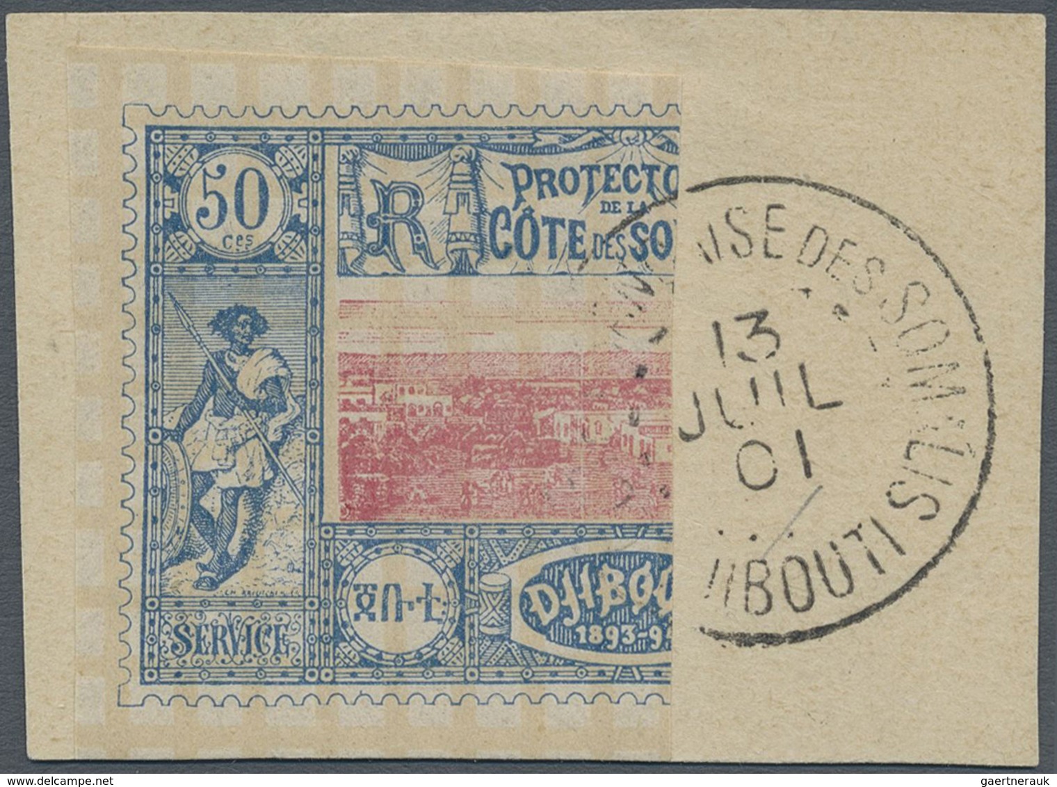 Brfst Französische Somaliküste: 1901, 50 C. Blue/pink, Vertically Bisected, Left Half On Piece Of Letter C - Oblitérés
