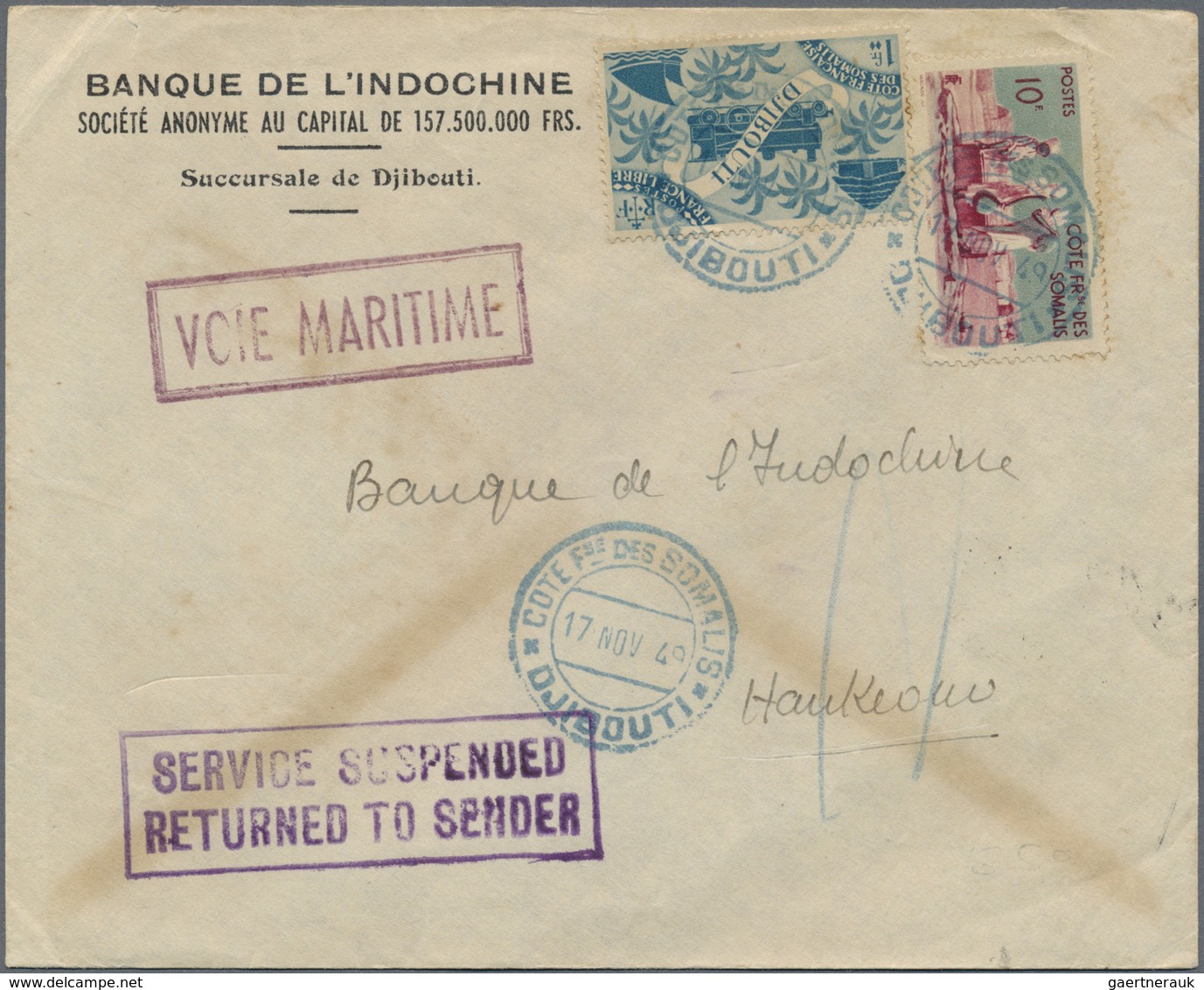 Br Französische Somaliküste: Cote Des Somalis, 1949. Envelope Written From Cote Des Somalis Addressed T - Oblitérés