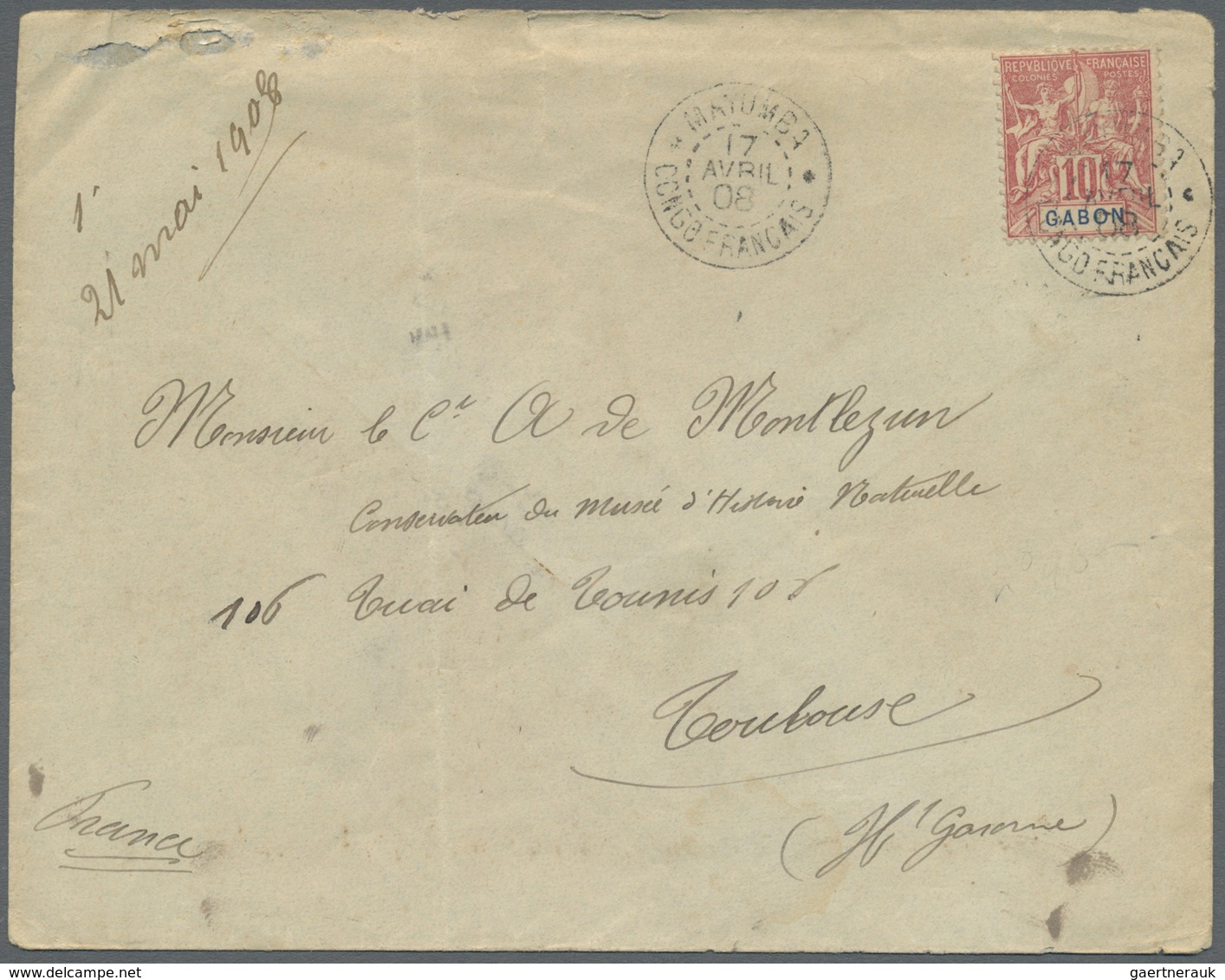 Br Gabun: 1908. Envelope (vertical Fold) Addressed To France Bearing Gabon Yvert 20, 10c Rose Tied By M - Autres & Non Classés