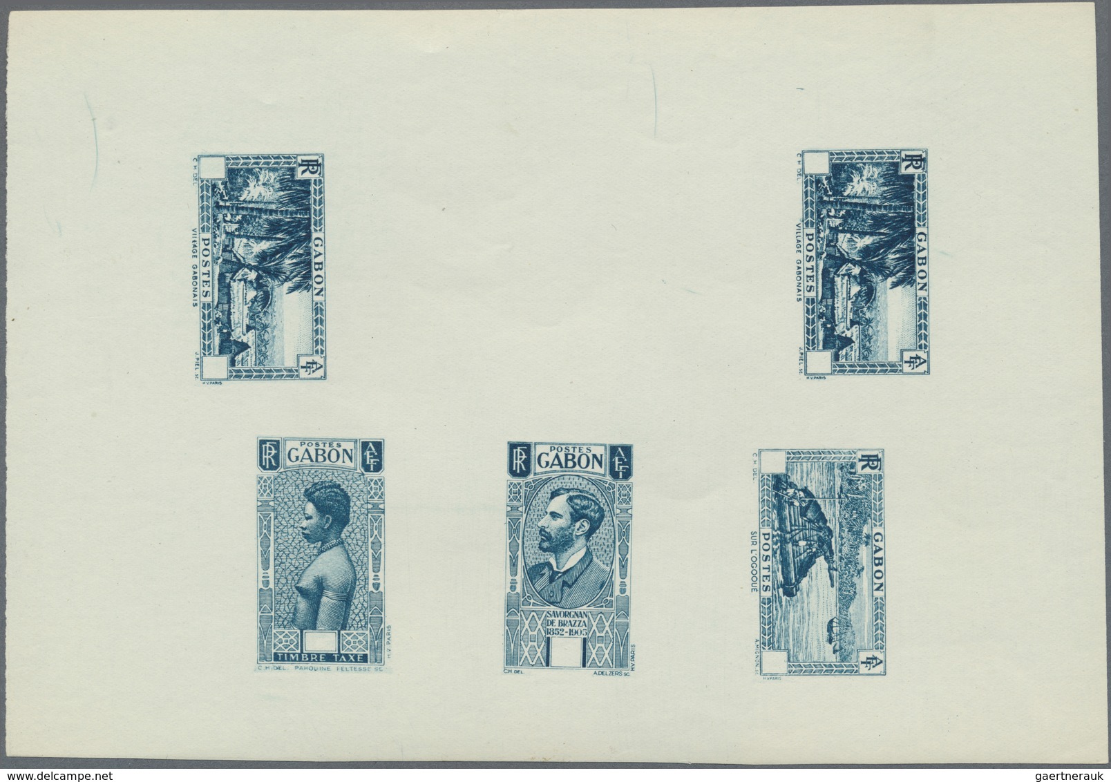 (*) Gabun: 1932/1933, Gabon. Collective Proof Sheet With 5 Values In Blue-green On Gummed Papier Contain - Andere & Zonder Classificatie