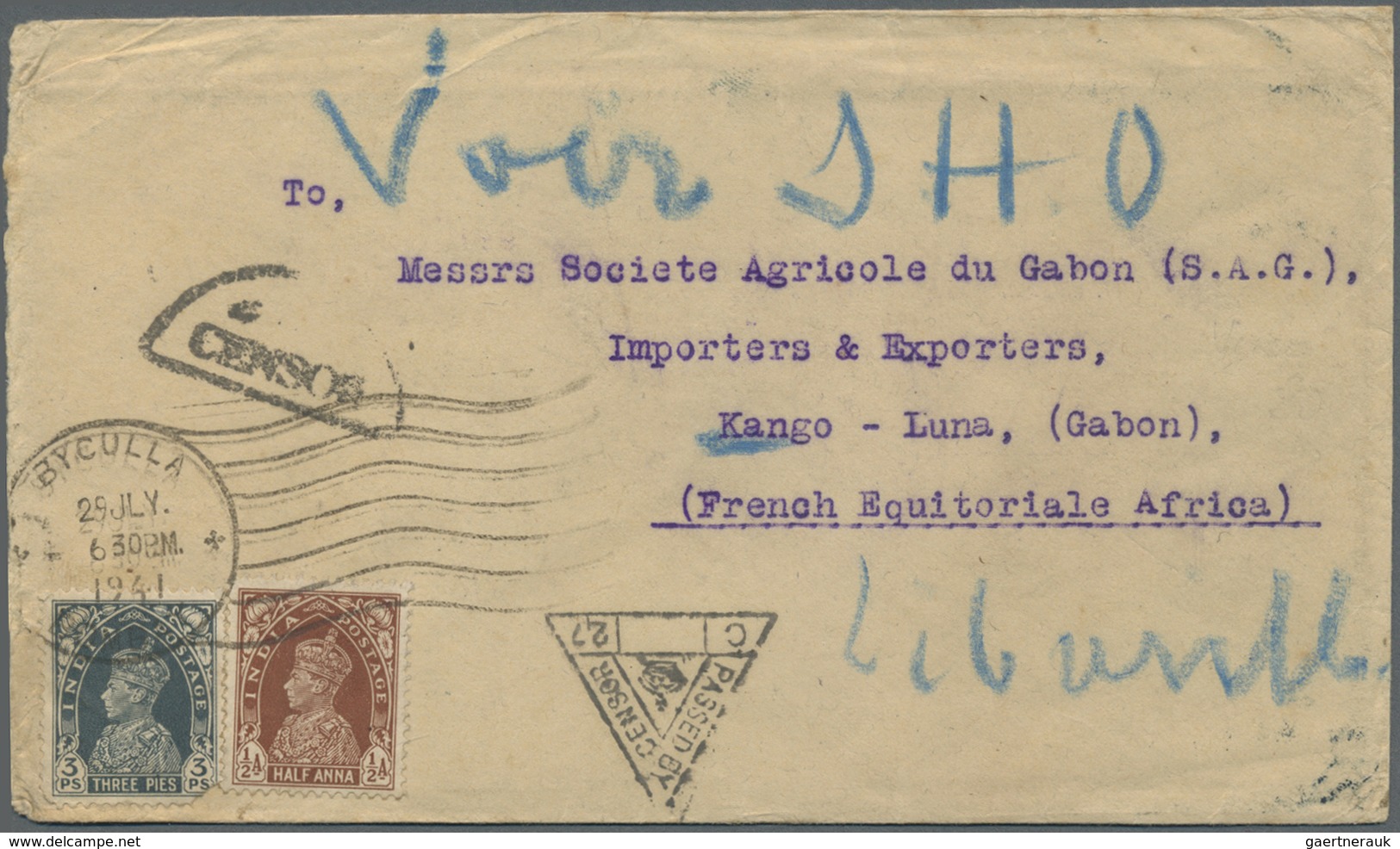 Br Gabun: 1941. Envelope Addressed To Kango, Luna, Gabon Bearing India SG 257, 3p Slage Ant SG 248, ½a - Altri & Non Classificati