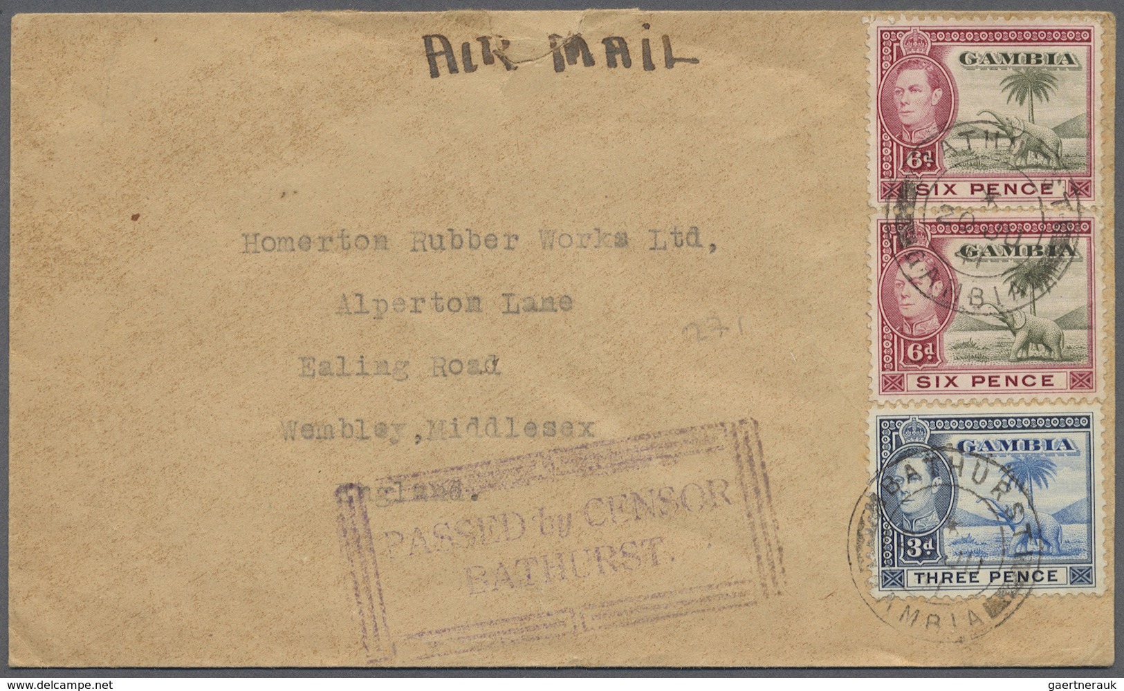 Br Gambia: 1941. Air Mail Envelope Addressed To England Bearing SG 154, 3d Light Blue And SG 155, Olive - Gambia (1965-...)