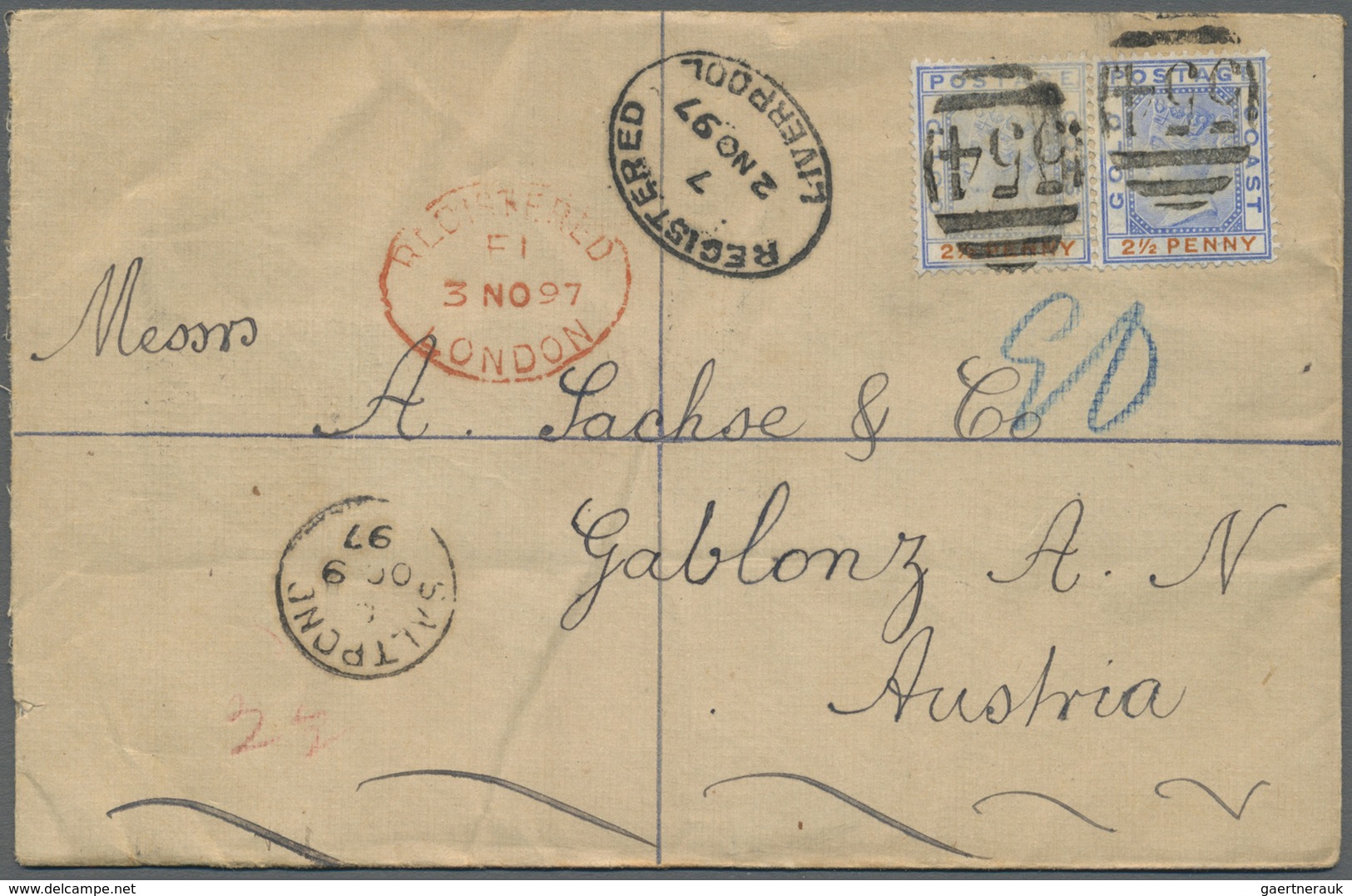 GA Goldküste: 1897. Registered Postal Stationery Envelope 2d Blue (toning, Creases) Upgraded With SG 14 - Côte D'Or (...-1957)