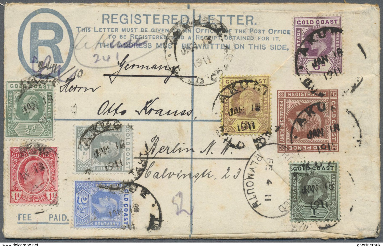 GA Goldküste: 1907, King Edward VII 1/2 D. - 1 S. Complete On Registered Postal Stationery Envelope 2 D - Côte D'Or (...-1957)