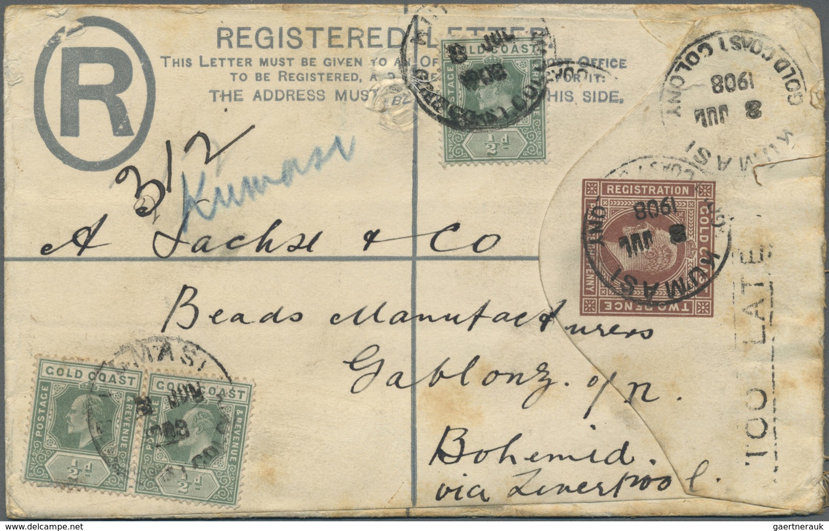 GA Goldküste: 1908. Registered Postal Stationery Envelope 2d Brown Upgraded With SG 59, ½d Green (3) Ti - Côte D'Or (...-1957)