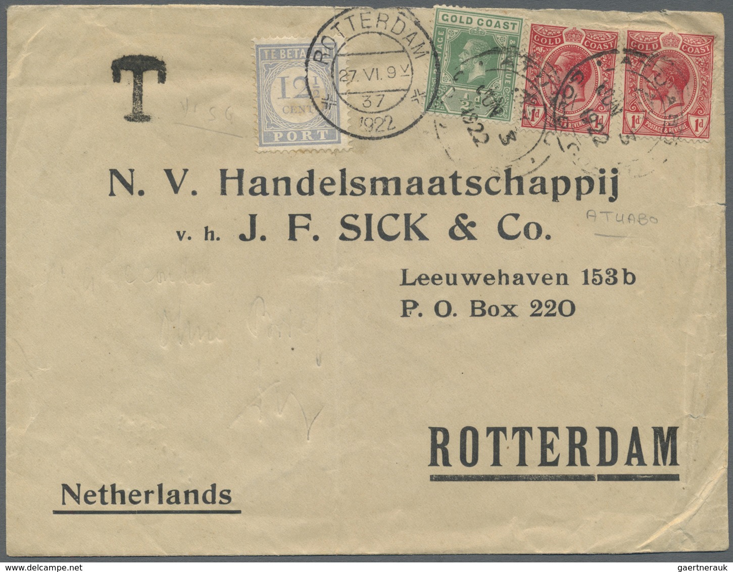 Br Goldküste: 1922. Envelope (faults) Addressed To Holland Bearing SG 70, ½d Green And SG 72, 1d Red (2 - Côte D'Or (...-1957)