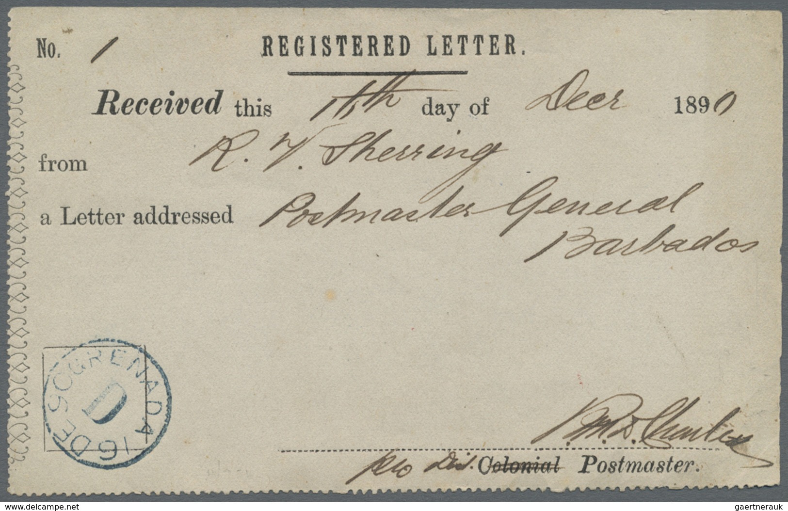 Br Grenada: 1890. Receipt Form For Registered Letter Cancelled By 'Grenada/D' (16/12) Date Stamp In Blu - Grenade (...-1974)