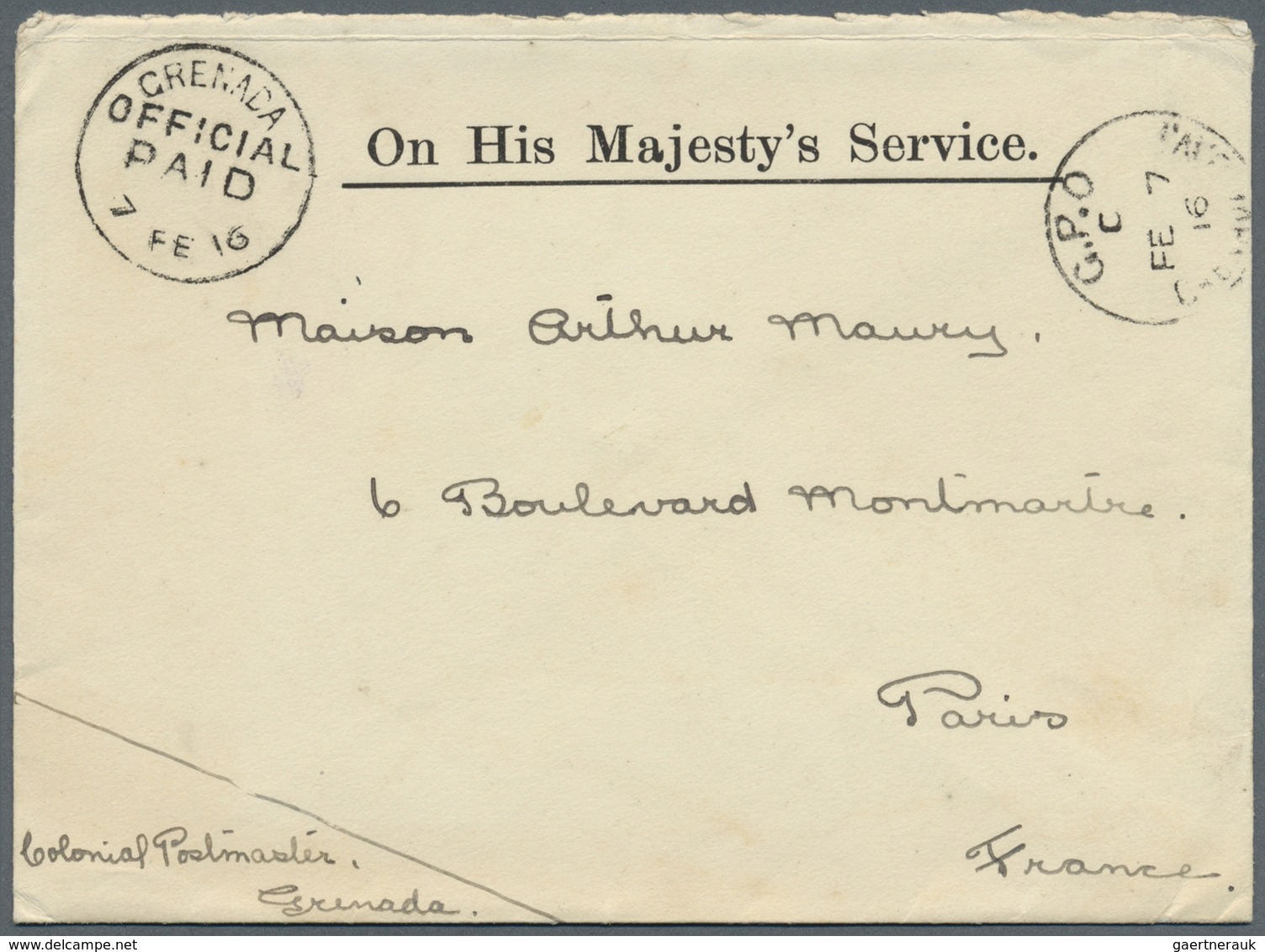 Br Grenada: 1916. Stampless Envelope Addressed To France Headed 'On His Majesty's Service' Cancelled 'G - Grenada (...-1974)