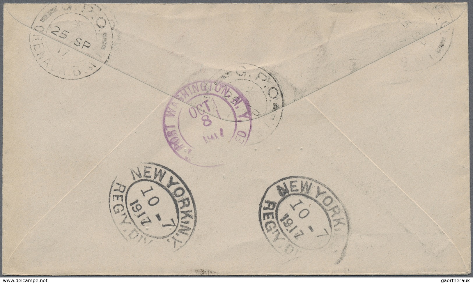 Br Grenada: 1917, 1 D With "WAR TAX" Imprint In Nice Strip Of Six On Registered Letter Sent From G.P.O. - Grenada (...-1974)