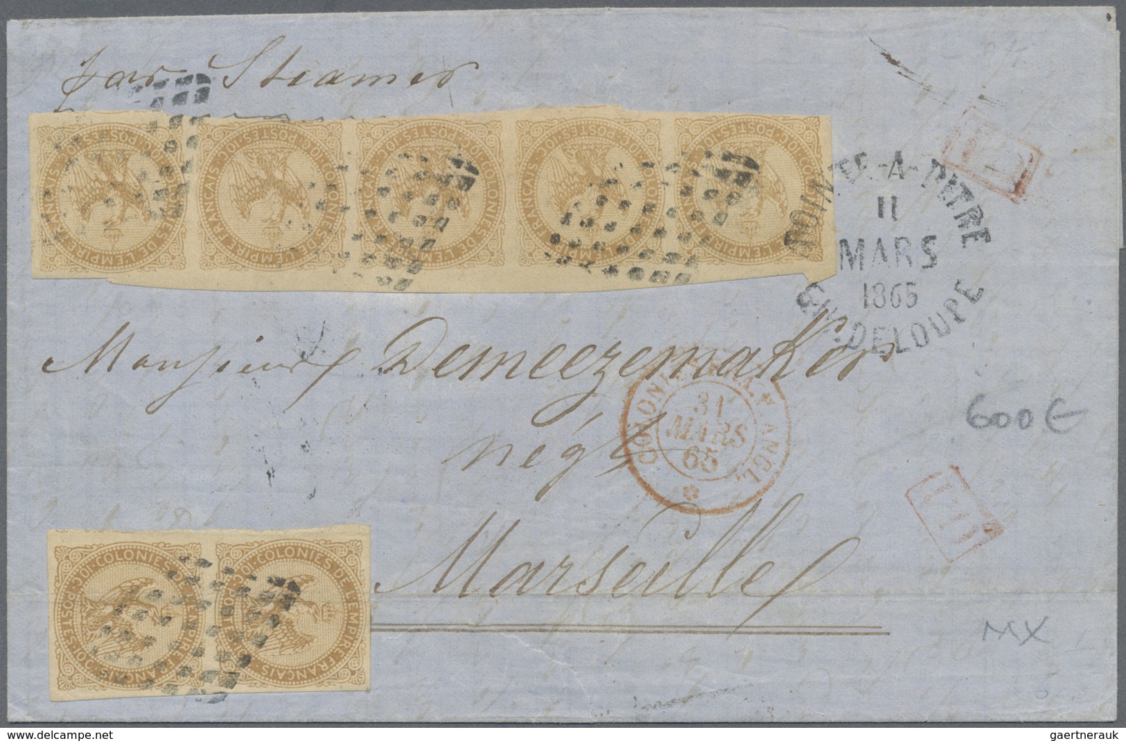 Br Guadeloupe: 1865, French Colonies Eagle-Issue 10 C Yellow-brown In A Stripe Of Five (mostly Superb M - Lettres & Documents