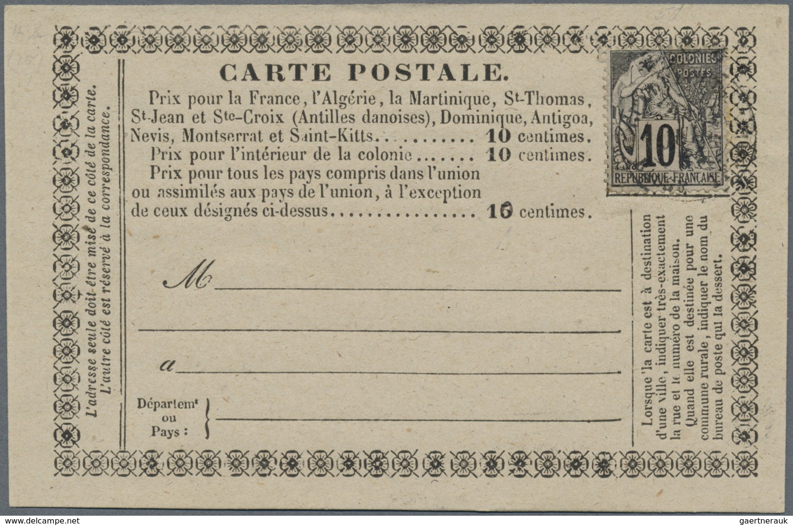 Br/GA Guadeloupe: 1882, Official Pre-paid Postcard Form, Franked With French Colonies General Issue 10 C B - Brieven En Documenten