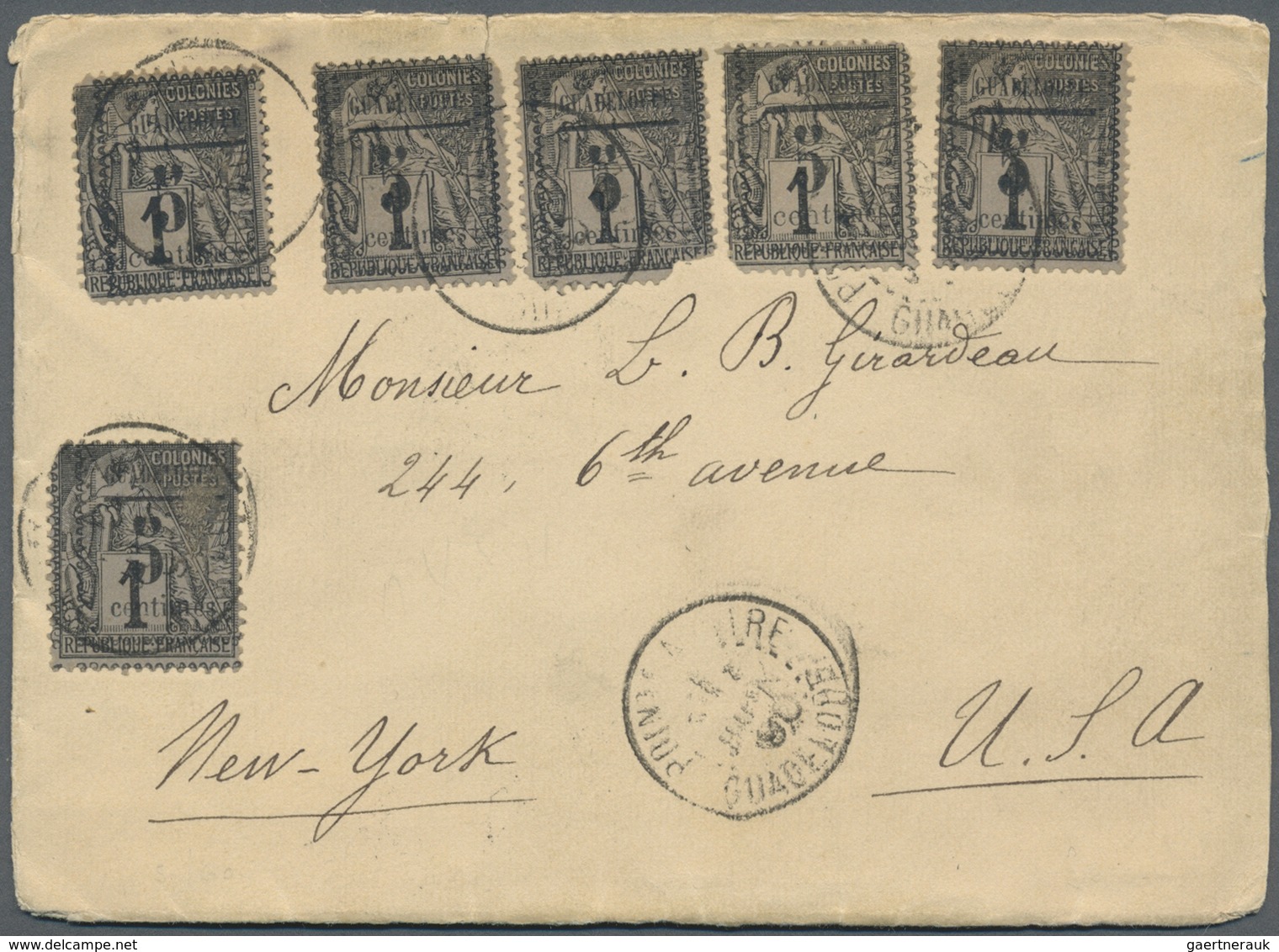 Br Guadeloupe: 1890 (June), Allegorie 1c Black On Blue With Boxed Opt. 'GUADELOUPE / 5 / Centimes' Six - Lettres & Documents