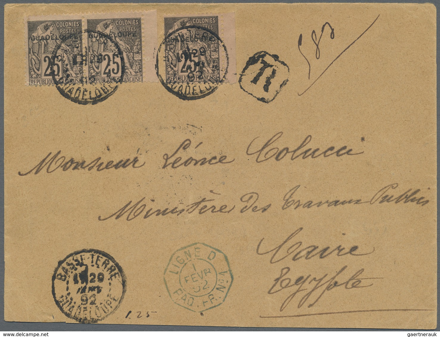 Br Guadeloupe: 1892. Registered Envelope Addressed To Egypt Bearing Yvert 21, 25c Black/rose (3) Tied B - Brieven En Documenten