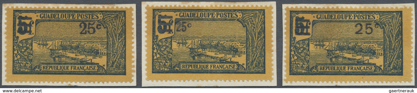 Brfst Guadeloupe: 1924, 25 C. On 5 F. Blue On Yellow Harbor View With Overprint, Three Different Value Ove - Brieven En Documenten