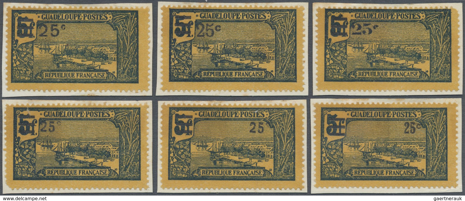 Brfst Guadeloupe: 1924, 25 C. On 5 F. Blue On Yellow Harbor View With Overprint, Six Different Value Overp - Lettres & Documents