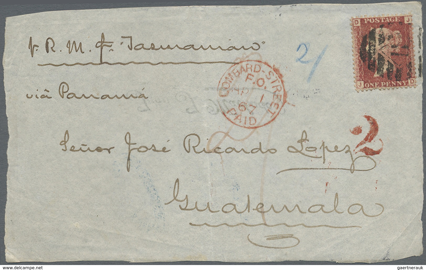 Br/Brfst Guatemala: 1867 Incoming Mail: Letter Frontside Bearing QV 1 D. Red, Plate 102 (unclear) Tied By Bar - Guatemala