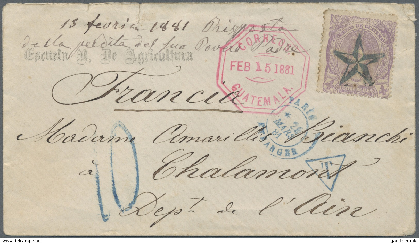 Br Guatemala: 1877. Envelope Addressed To France Bearing Yvert 13, 4r Violet Tied By Star Obliterator I - Guatemala