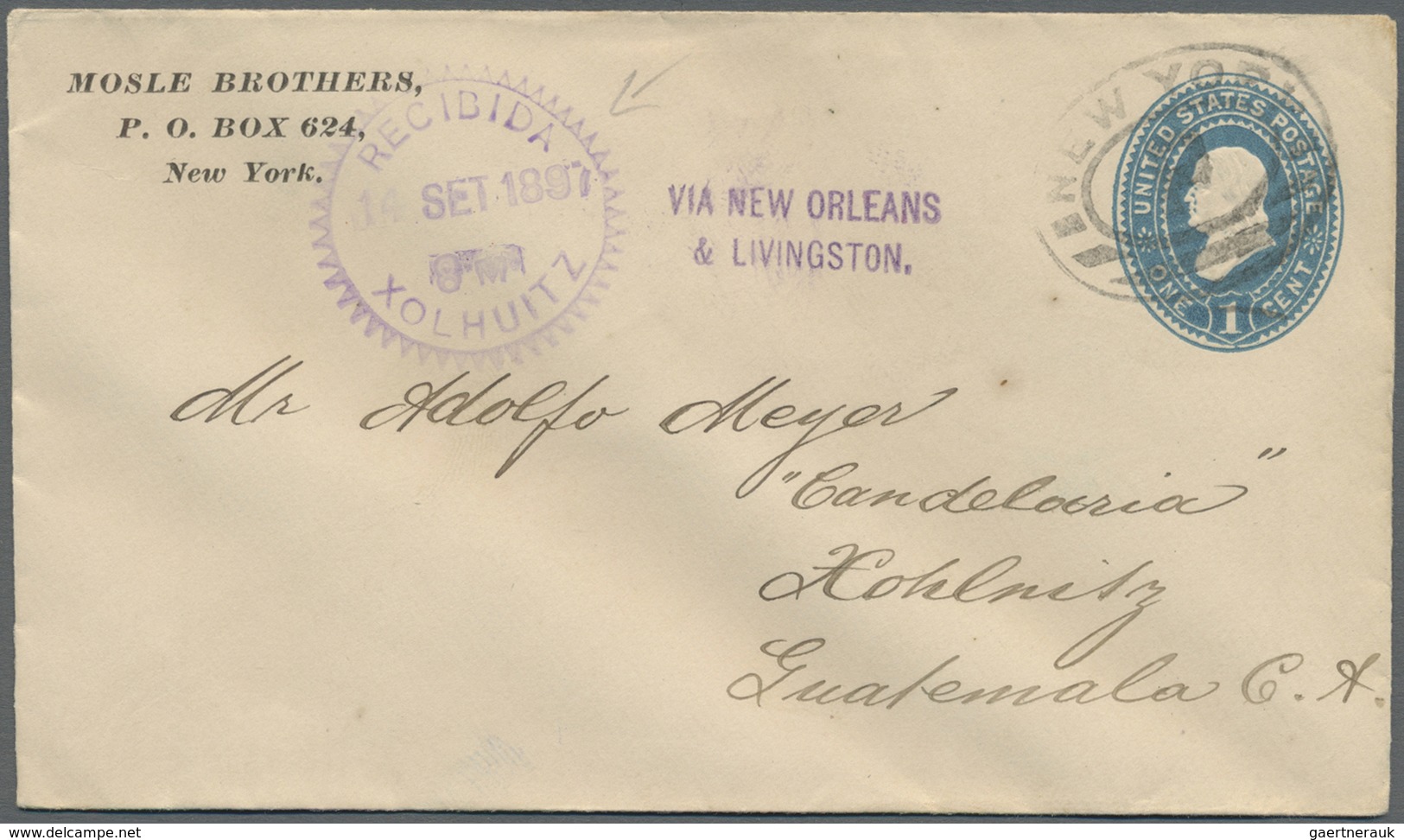 GA Guatemala: XOLHUITZ 16 SET 1887 And COLOMBIA 6 OCT 1896, Two Violet "Recibida"-arrivals On Two Very - Guatemala