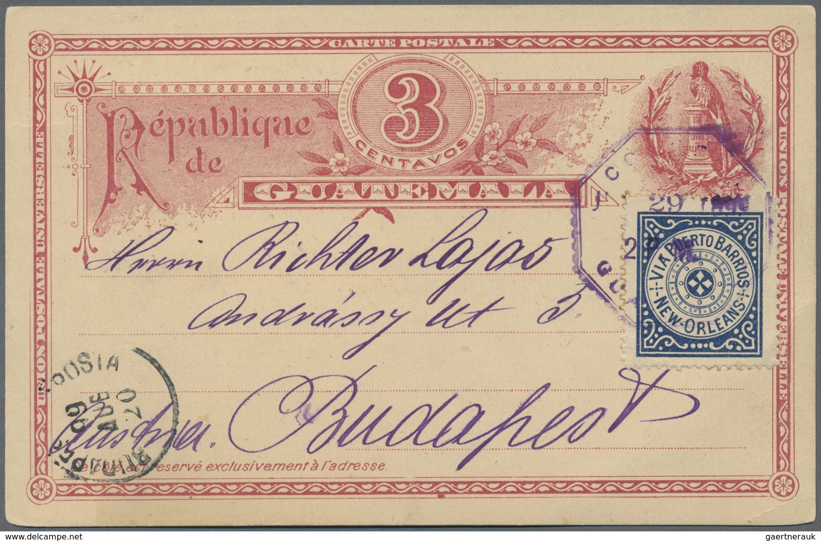 GA Guatemala: 1890, International Stationery Card 3 C Dark-carmine With Label "Via Puerto Barrios And N - Guatemala