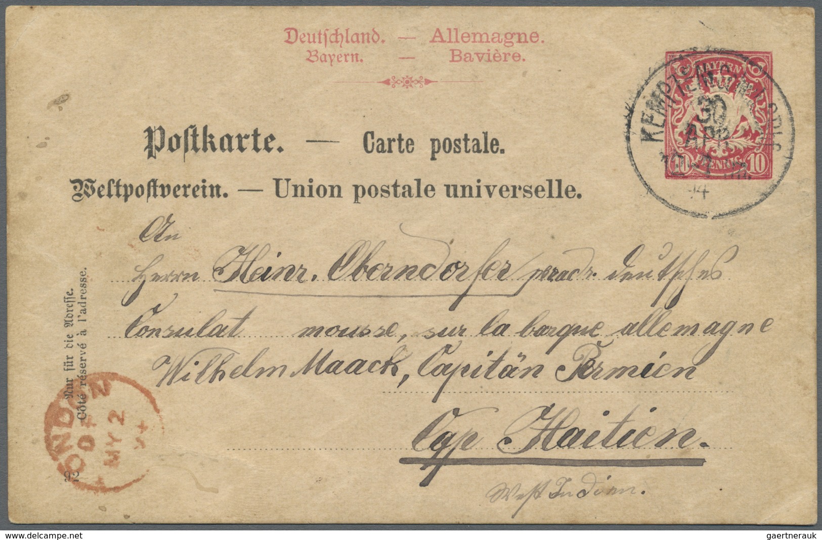 GA Haiti: 1894, Bavarian Stationery Card 10 Pf. Sent From "KEMPTEN 30 APR 1894" Via "LONDON MY 2 94" To - Haïti