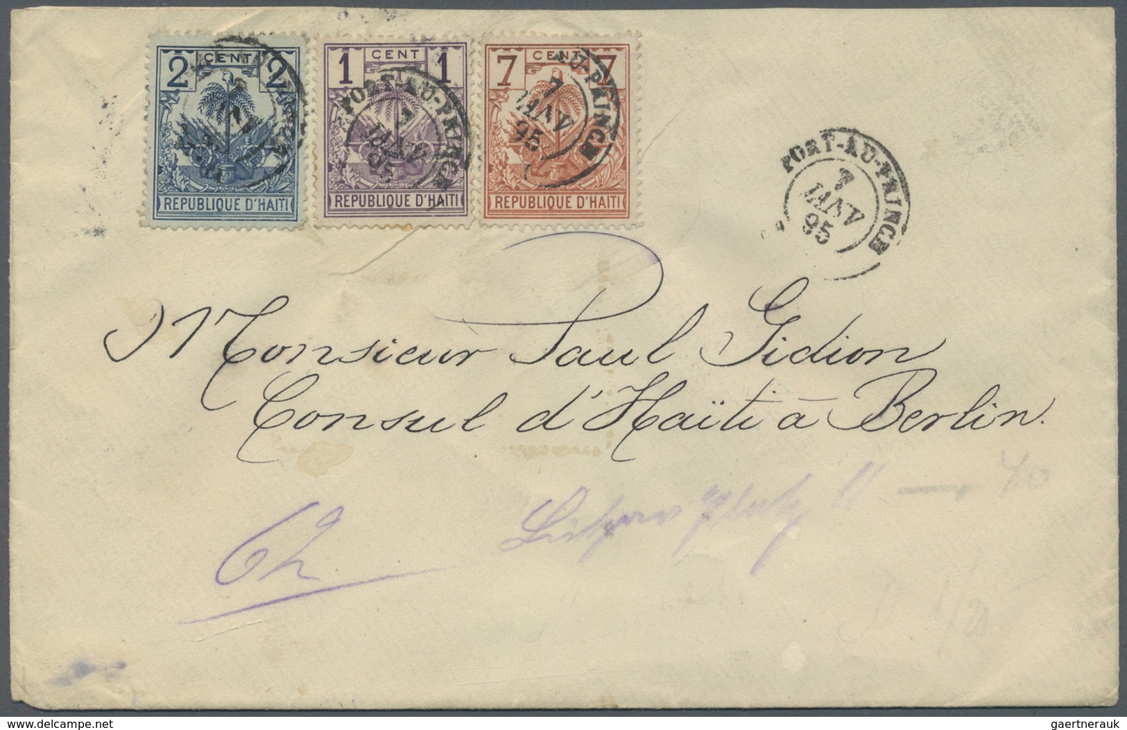 Br Haiti: 1895, 1 Cent, 2 Cent And 7 Cent Letter With Three Colour Franking From PORT AU PRINCE JAN 7 W - Haïti