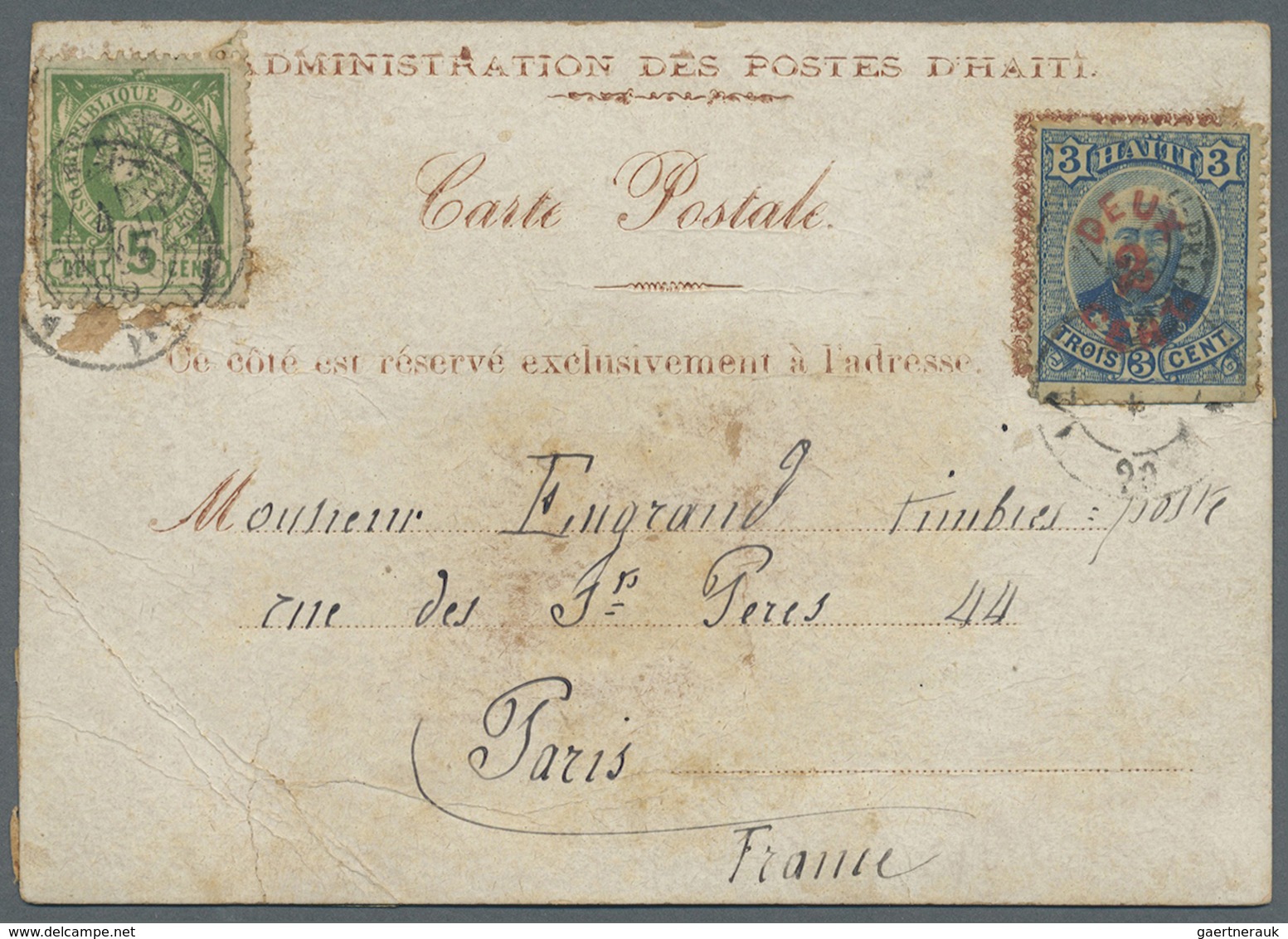 GA Haiti: 1885, Postal Stationery Card Addressed To France Bearing Haiti Yvert 10, 5c Green And Yvert 2 - Haïti