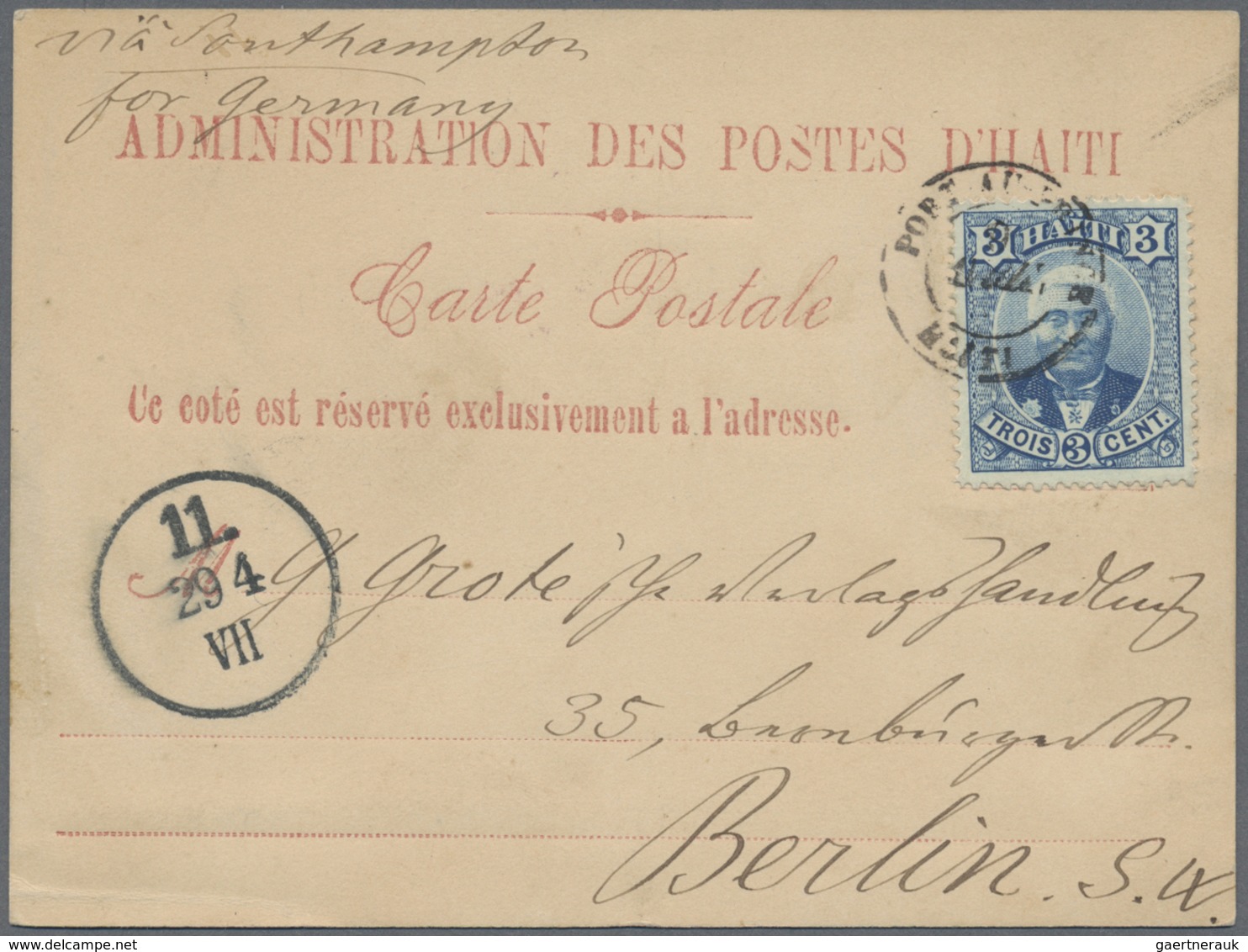 Br Haiti: 1889, 3 C Blue On Formular-card Commercial Used From "PORT AU PRINCE 9 APR (1889)" To Berlin, - Haiti