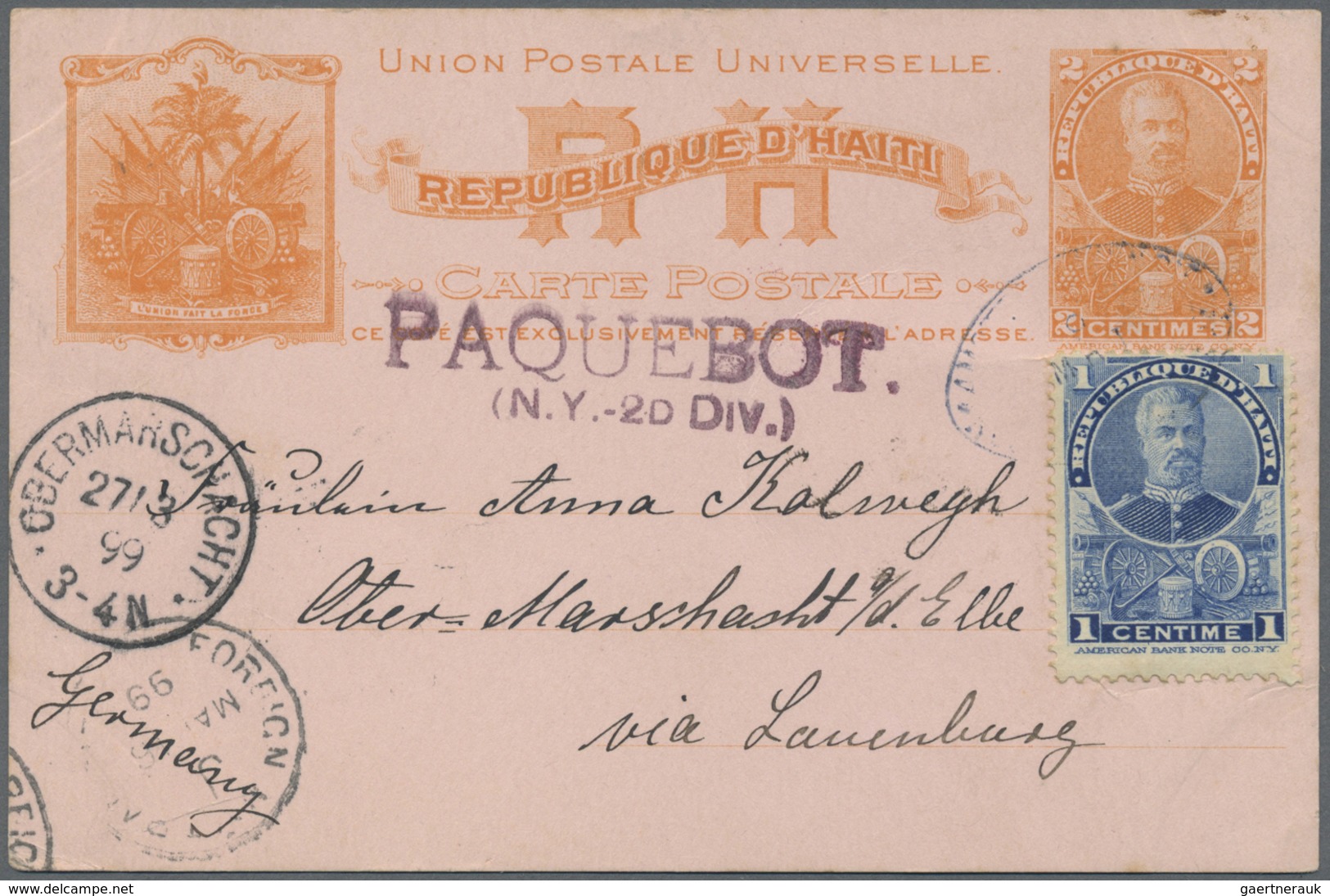 GA Haiti: 1899, 2 Cent Stationery Card Uprated With 1 Cent President Sam Sent To "Obermarschacht/Elbe, - Haiti