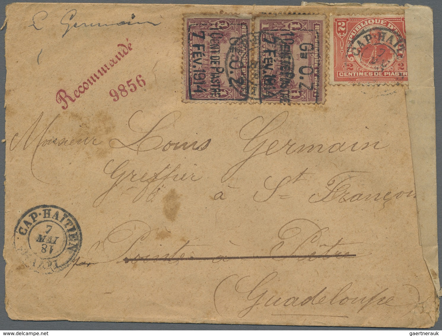 Br Haiti: 1918. Soiled, Registered Envelope Addressed To Pointe A Pitre, Guadeloupe Bearing Yvert 134, - Haiti