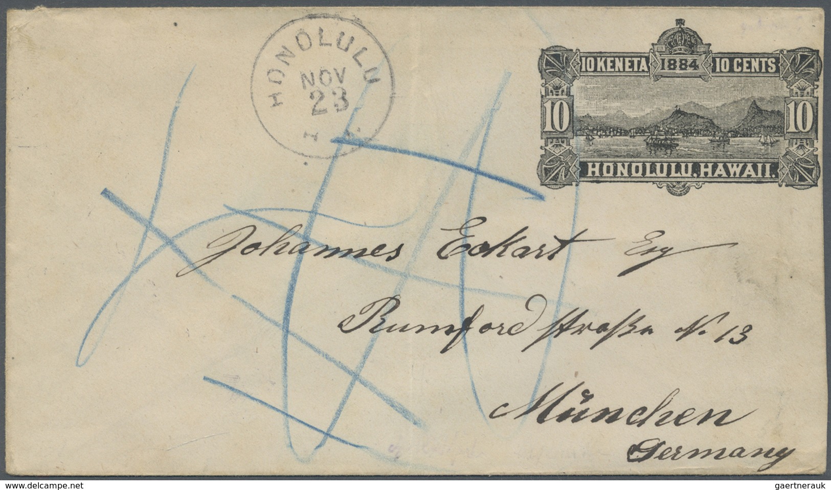 GA Hawaii: 1884, 10 Cent Black Stationery Envelope Used From "HONOLULU NOV 23 1884" Via "NEW YORK DEC 9 - Hawaï