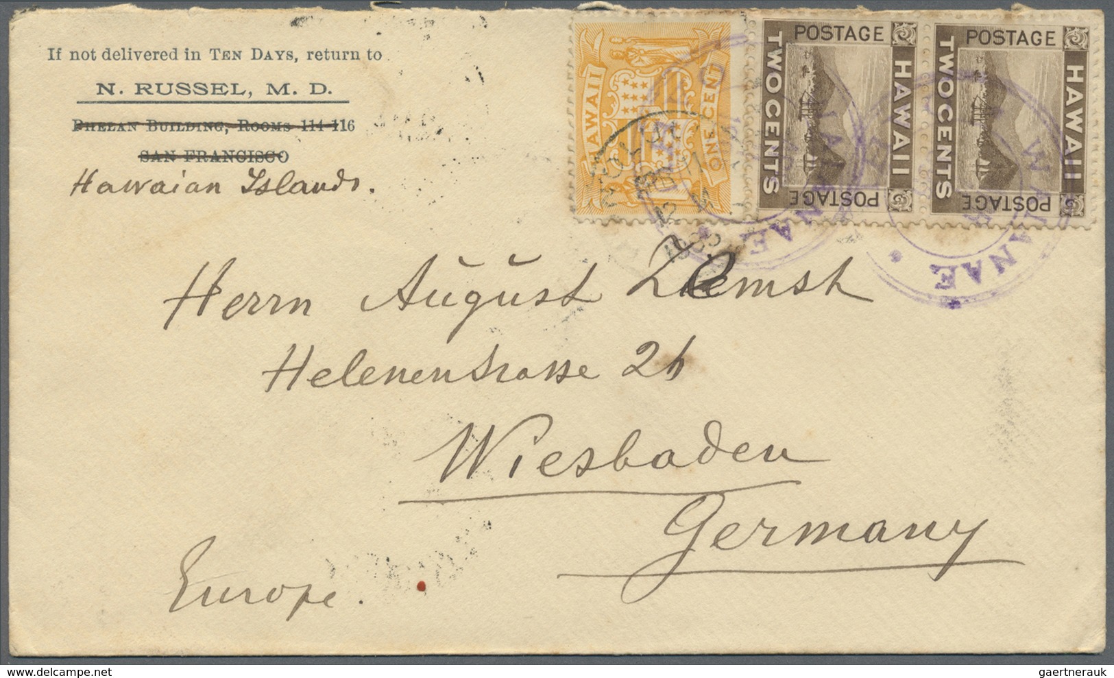 Br Hawaii: 1897, 5 C. Carmine Canc. „WANANAE NOV 29 1894 OAHU" On Cover To Wiesbaden, Germany Backstamp - Hawaï