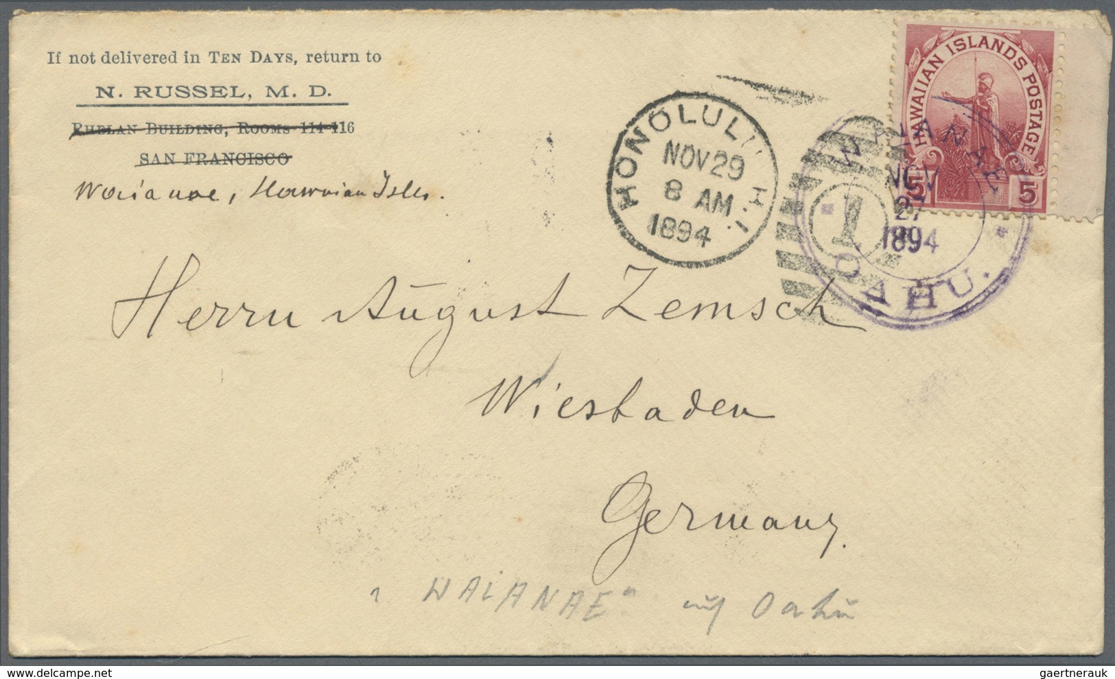 Br Hawaii: 1897, 5 C. Carmine Canc. „WANANAE NOV 29 1894 OAHU" On Cover To Wiesbaden, Germany Backstamp - Hawaï