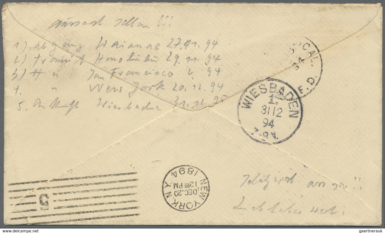 Br Hawaii: 1897, 5 C. Carmine Canc. „WANANAE NOV 29 1894 OAHU" On Cover To Wiesbaden, Germany Backstamp - Hawaï