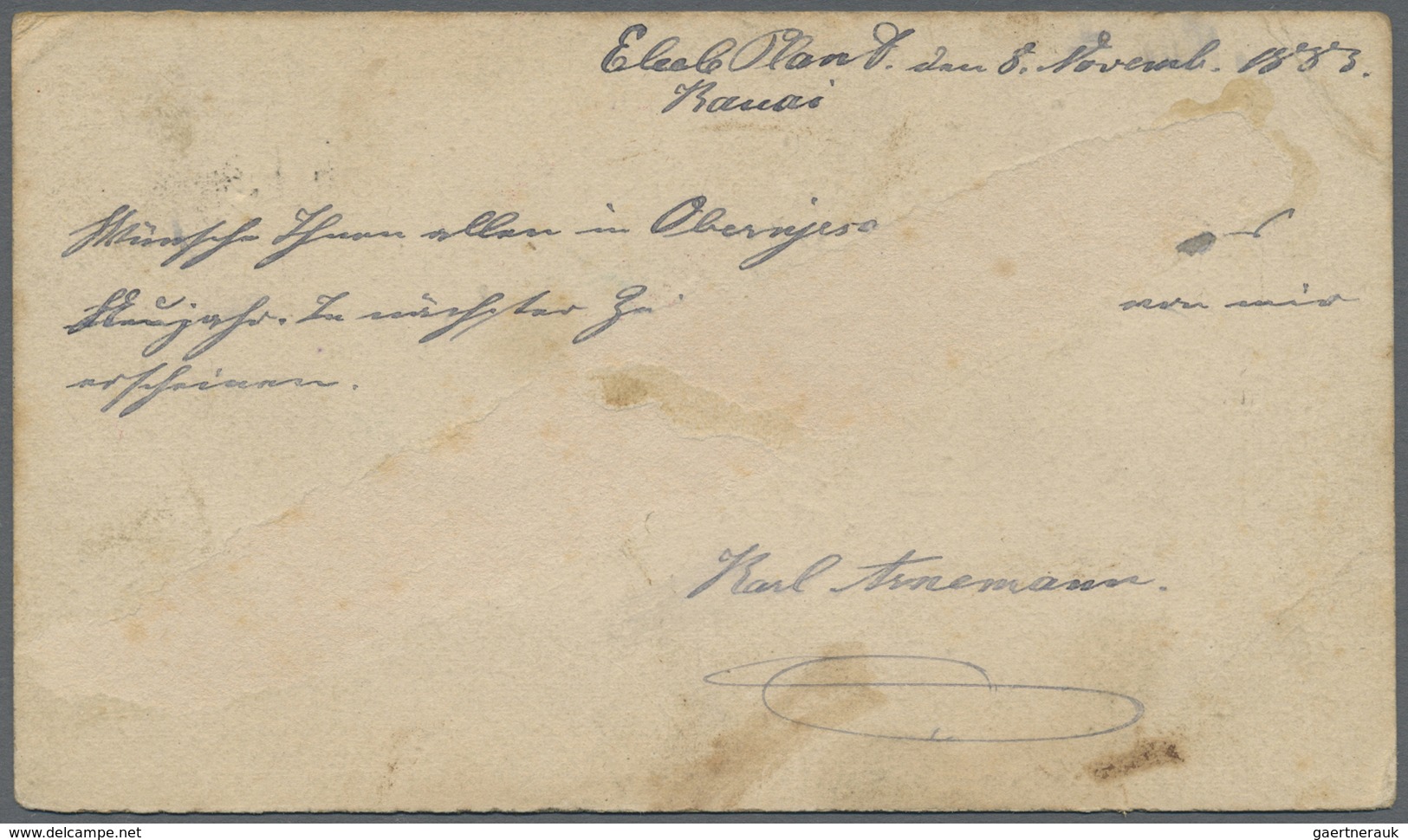 GA Hawaii - Stempel: 1883, 3c. Green Postal Stationery Card Written In Ekele Plant And Tied By Blue "KO - Hawaï