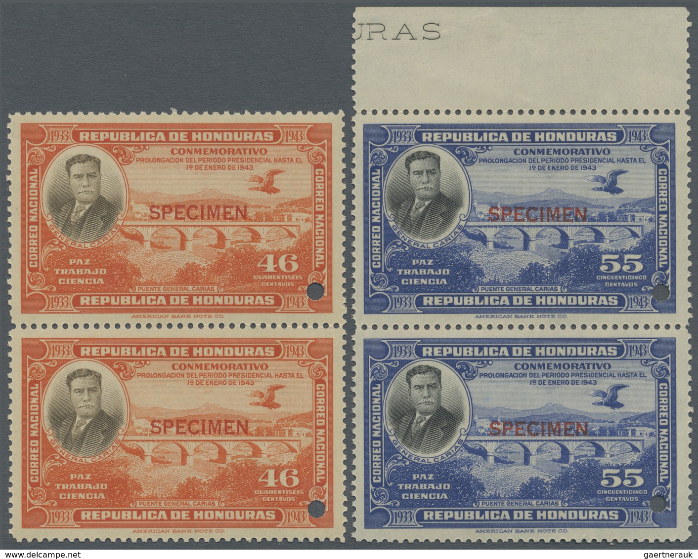 ** Honduras: 1937, President Tiburcio Carias, Complete Set In Vertical Pairs With ABN Specimen Overprin - Honduras